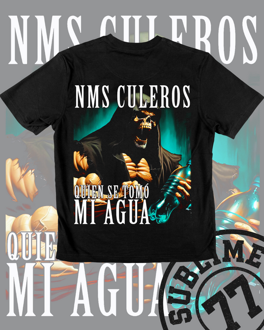 Camiseta “¿Quién se tomó mi agua?” – Calaca estilo dark cómico | Sublime 77